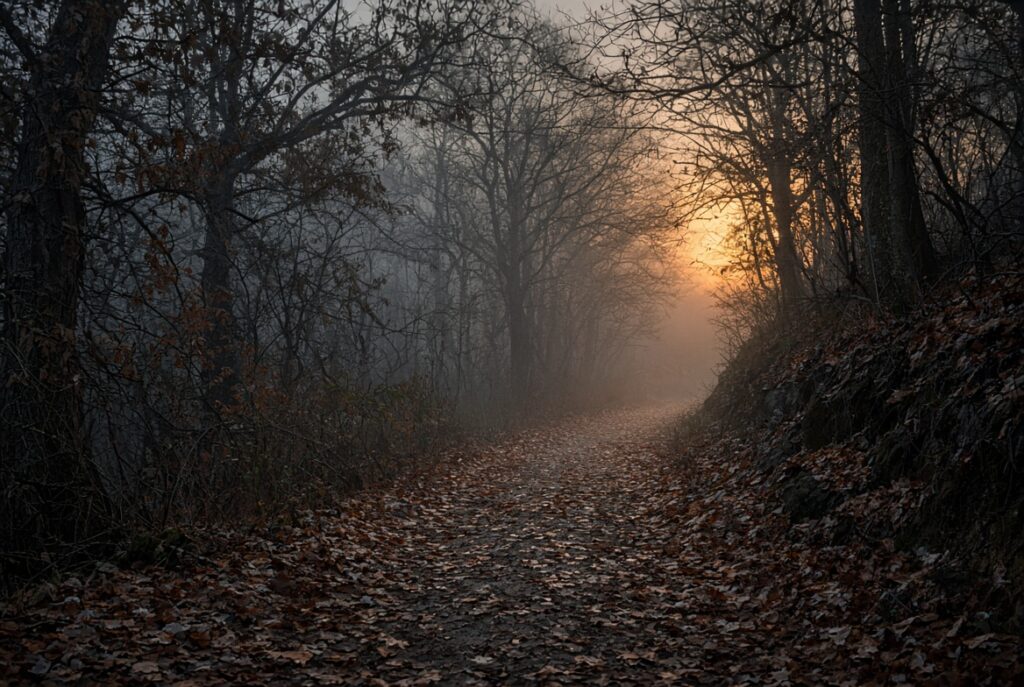 Herbstlicher Waldweg im Nebel