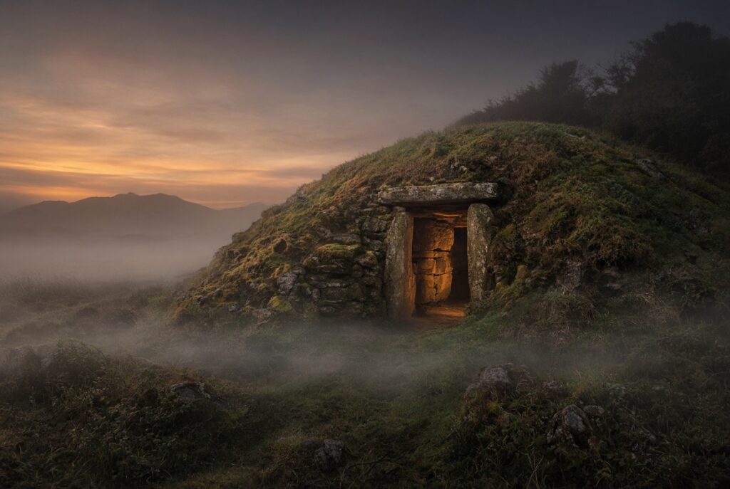 Moosbedeckter Hügel mit steinernem Eingang, Nebel, warmes Restlicht über die Anderswelt.