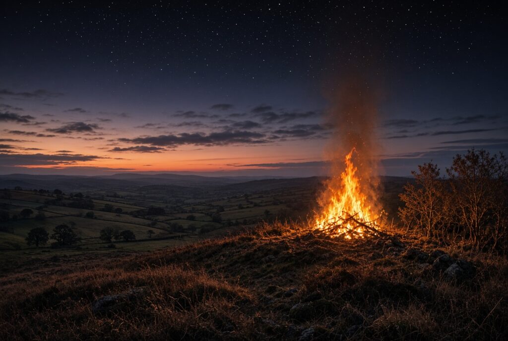 Großes Feuer in der herbstlichen Landschaft unter Sternenhimmel für den historischen Kern von Samhain.